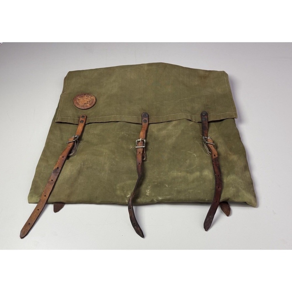 Vintage Duluth Ruck Sack Pack Bag Green Canvas Leather Canoe Large 3f